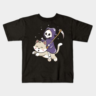 Grim Reaper Riding on a Cat Kids T-Shirt